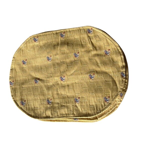4 Vtg Gingham Check Quilted Placemats w Embroidered Rooster Chicken Wire Design